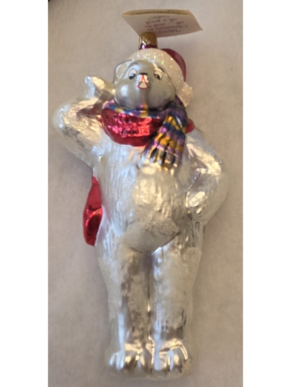 Christopher Radko Salutations Polar Bear 7.5" Glass Ornament w/Tag - Has Flaw